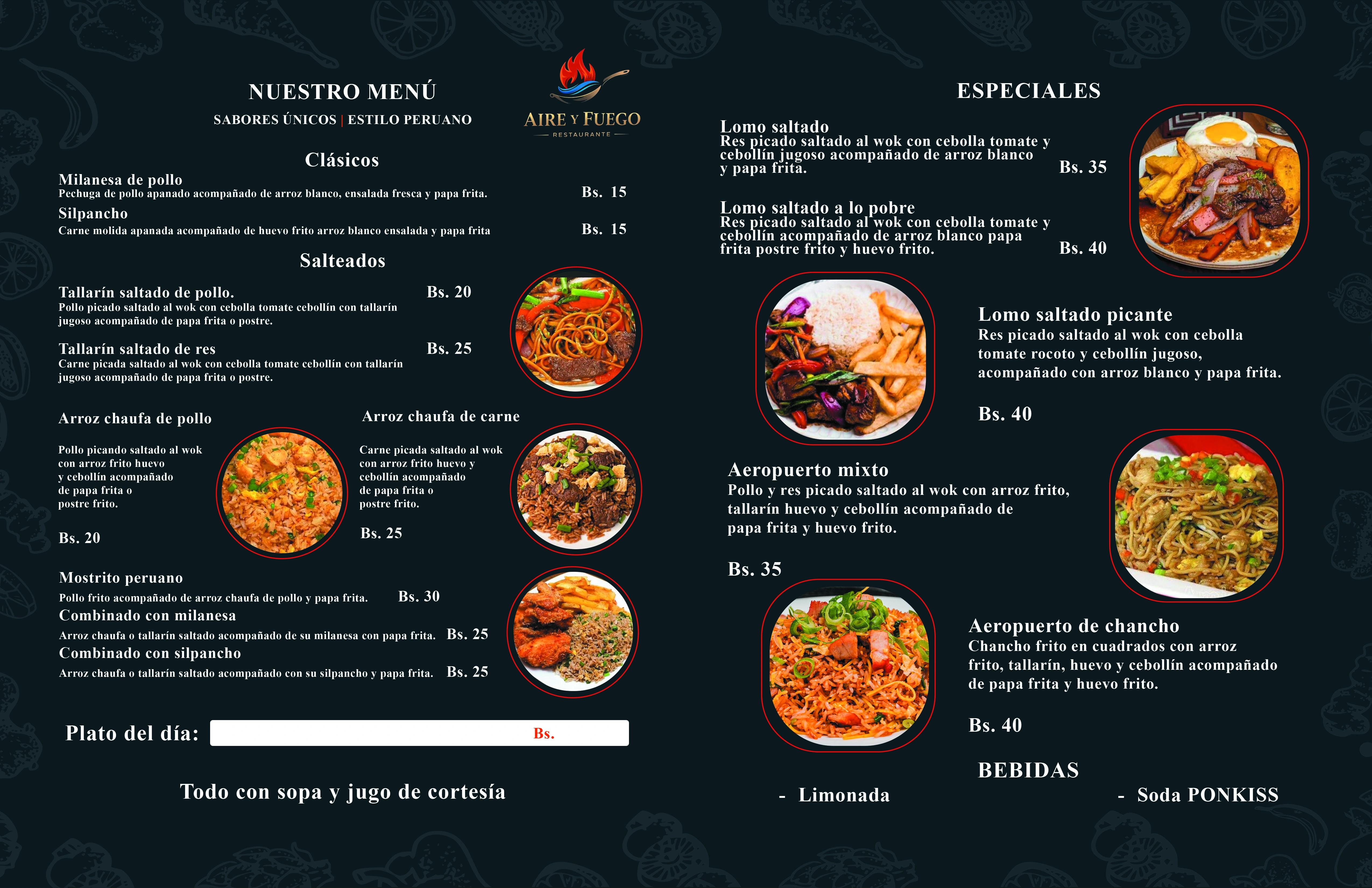 Menú de platos para el restaurante 'Aire y Fuego'