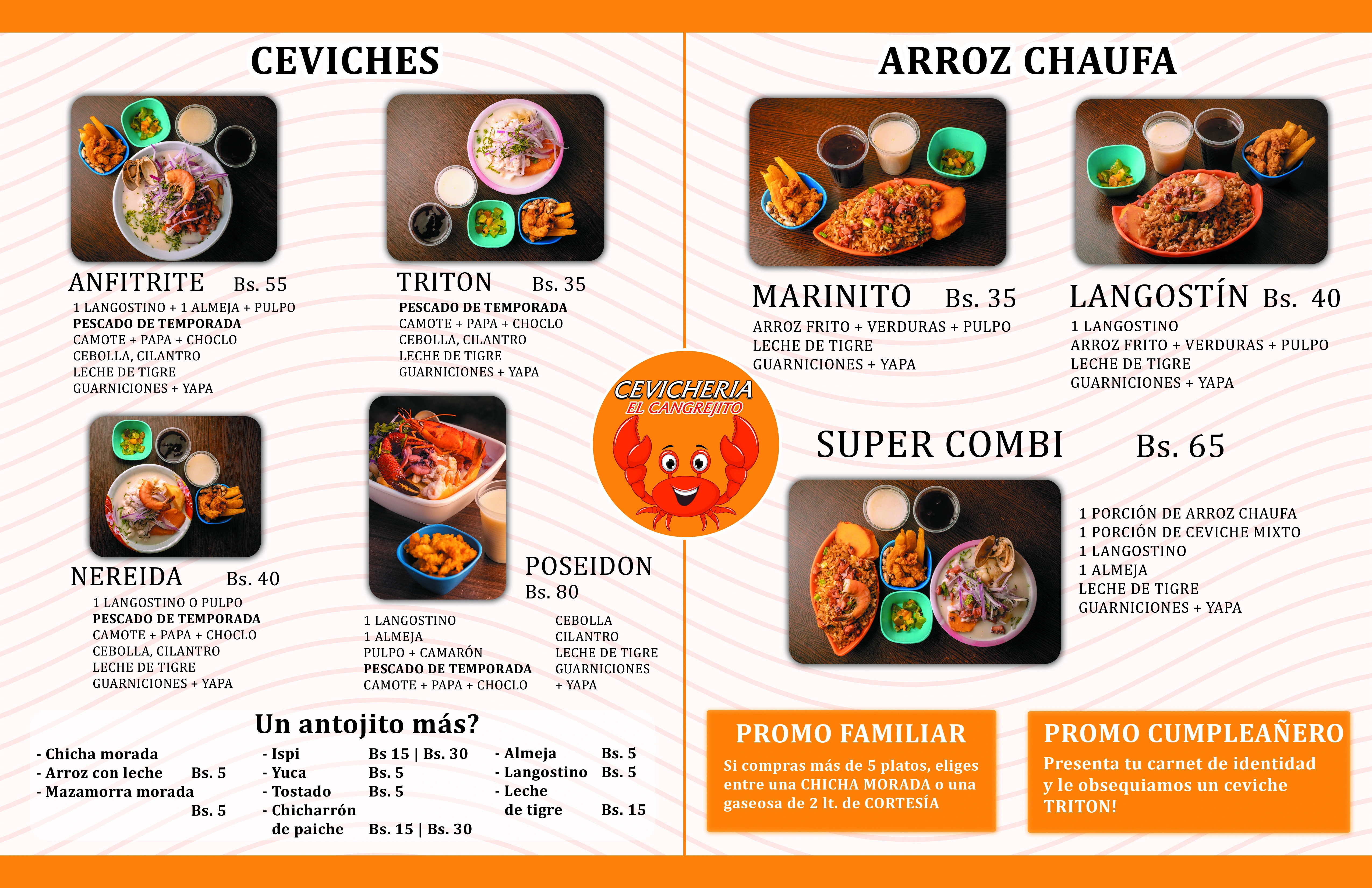 Menú de platos para la cevichería 'El Cangrejito'
